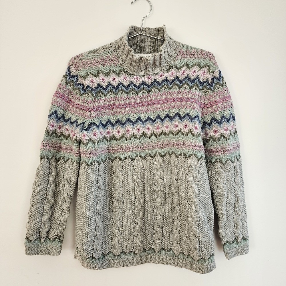 Petite Sophisticate Sweater Women Medium Gray Fair Isle Cottagecore Vintage Boho
